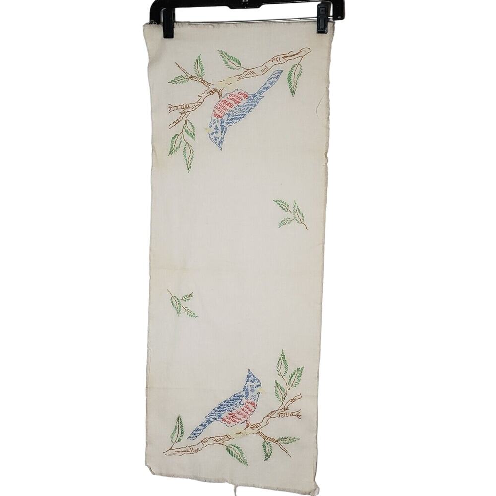 Vtg 1960s Blue Jay Birf Embroidered Unfinished Sewing Craft Quilt Runner